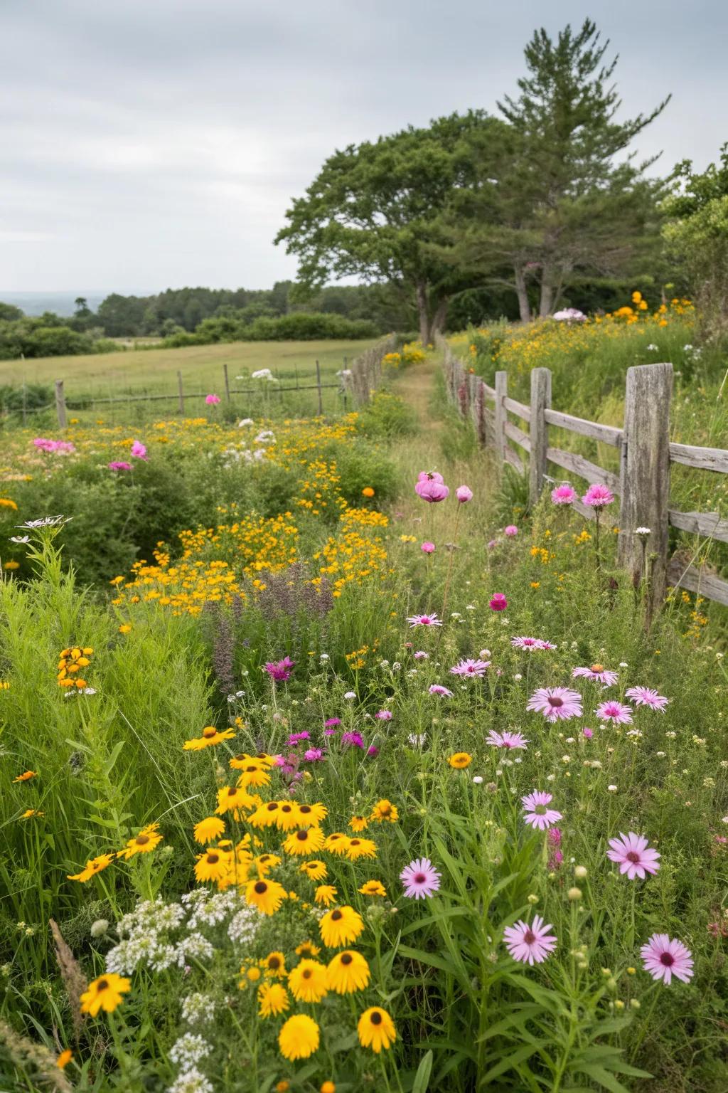 Wildflower meadow attracting pollinators and adding color.