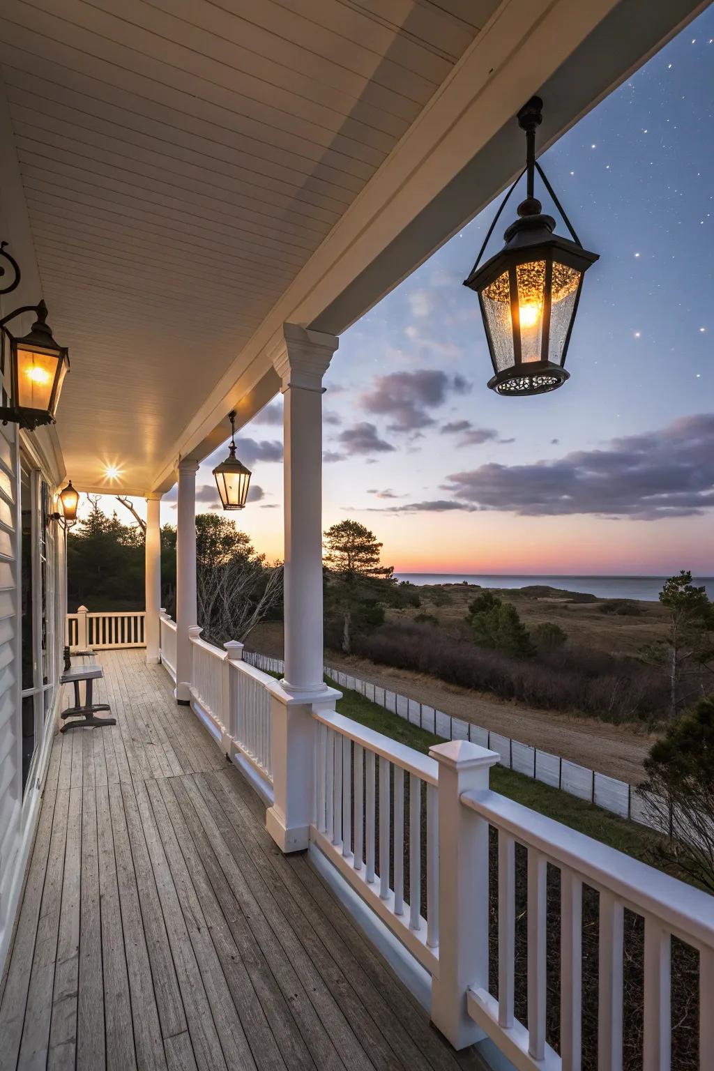 Lantern lighting adding charm to a Cape Cod porch.