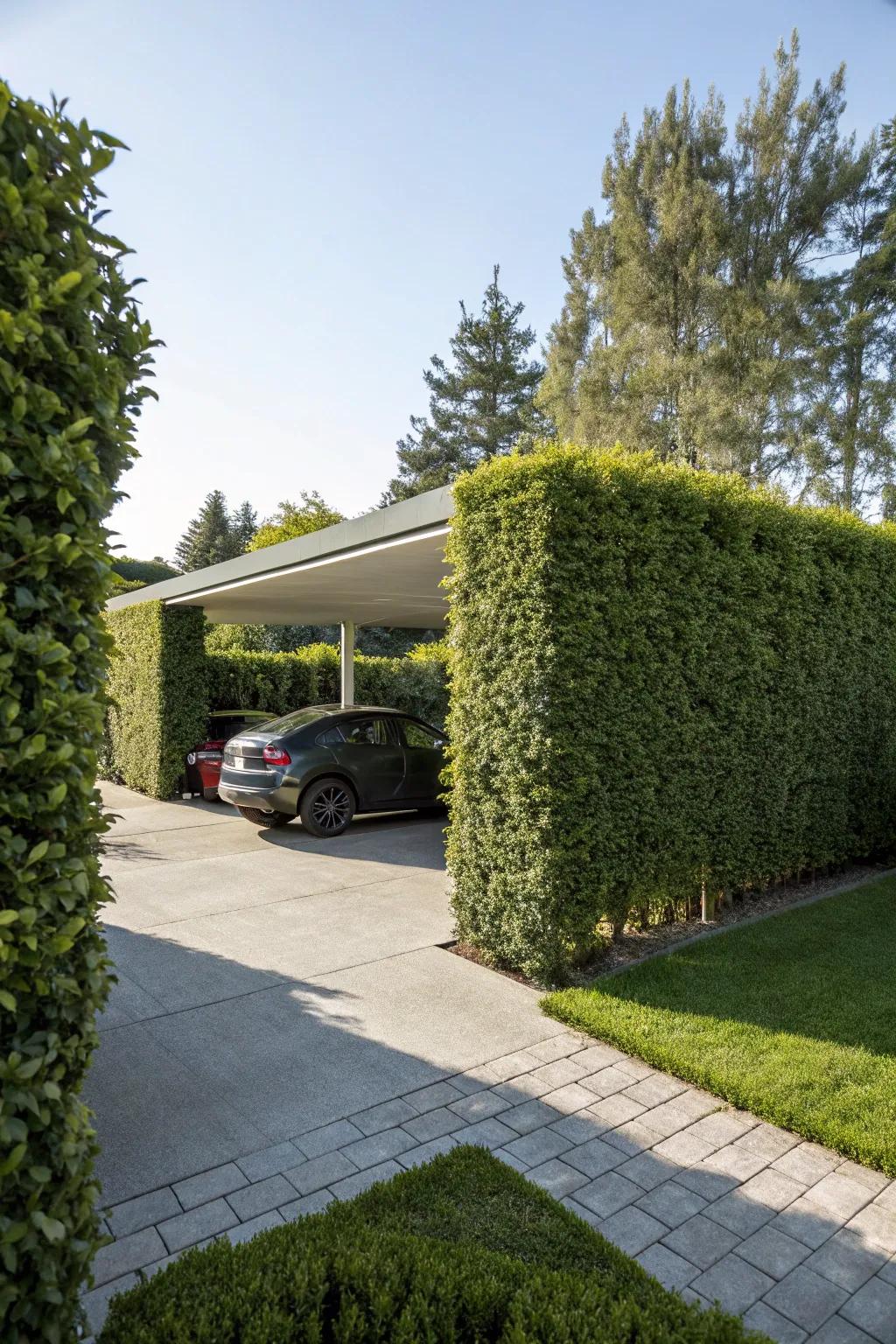 Hedges offer a classic, green solution for carport privacy.