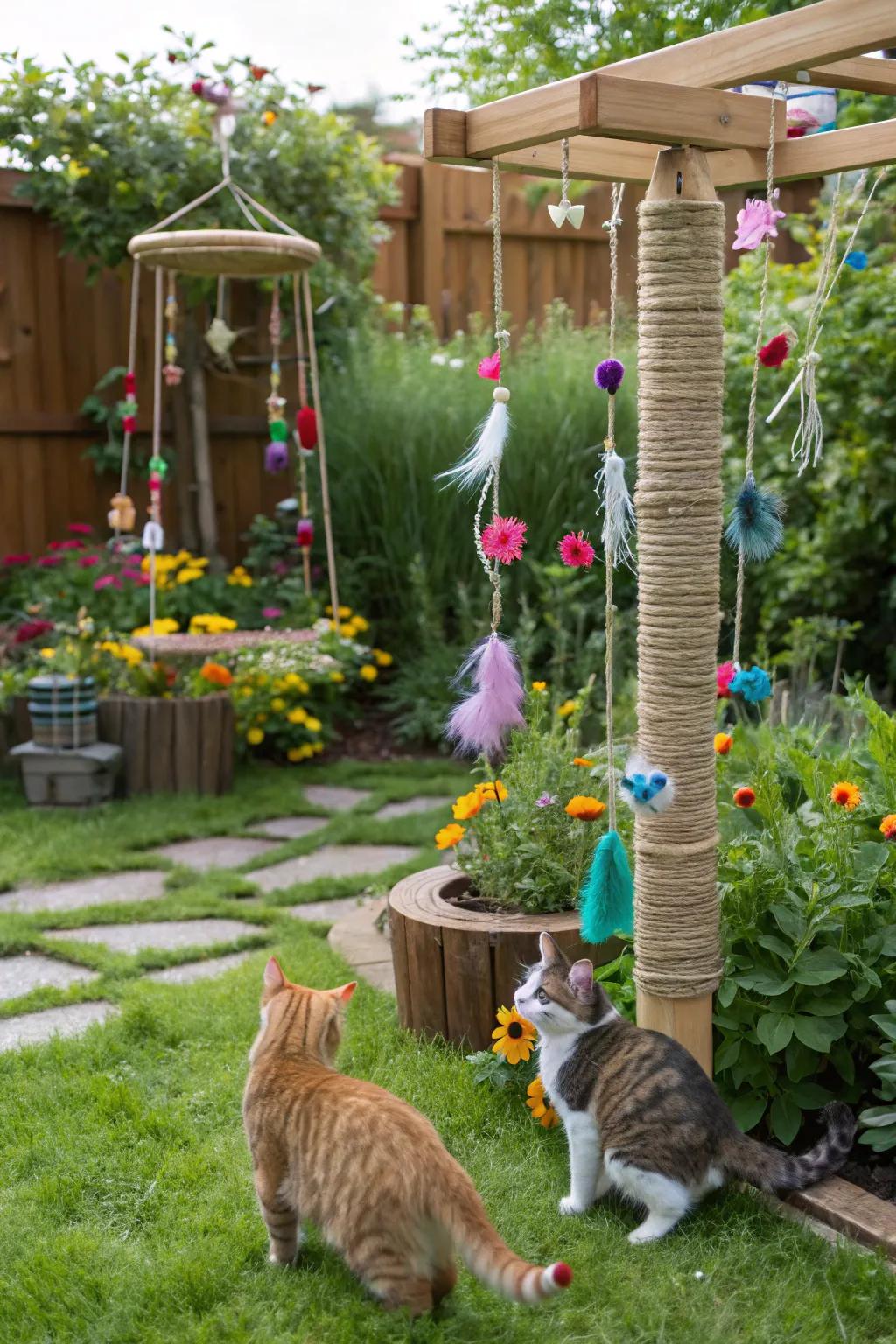 A playful garden filled with toys for endless feline fun.