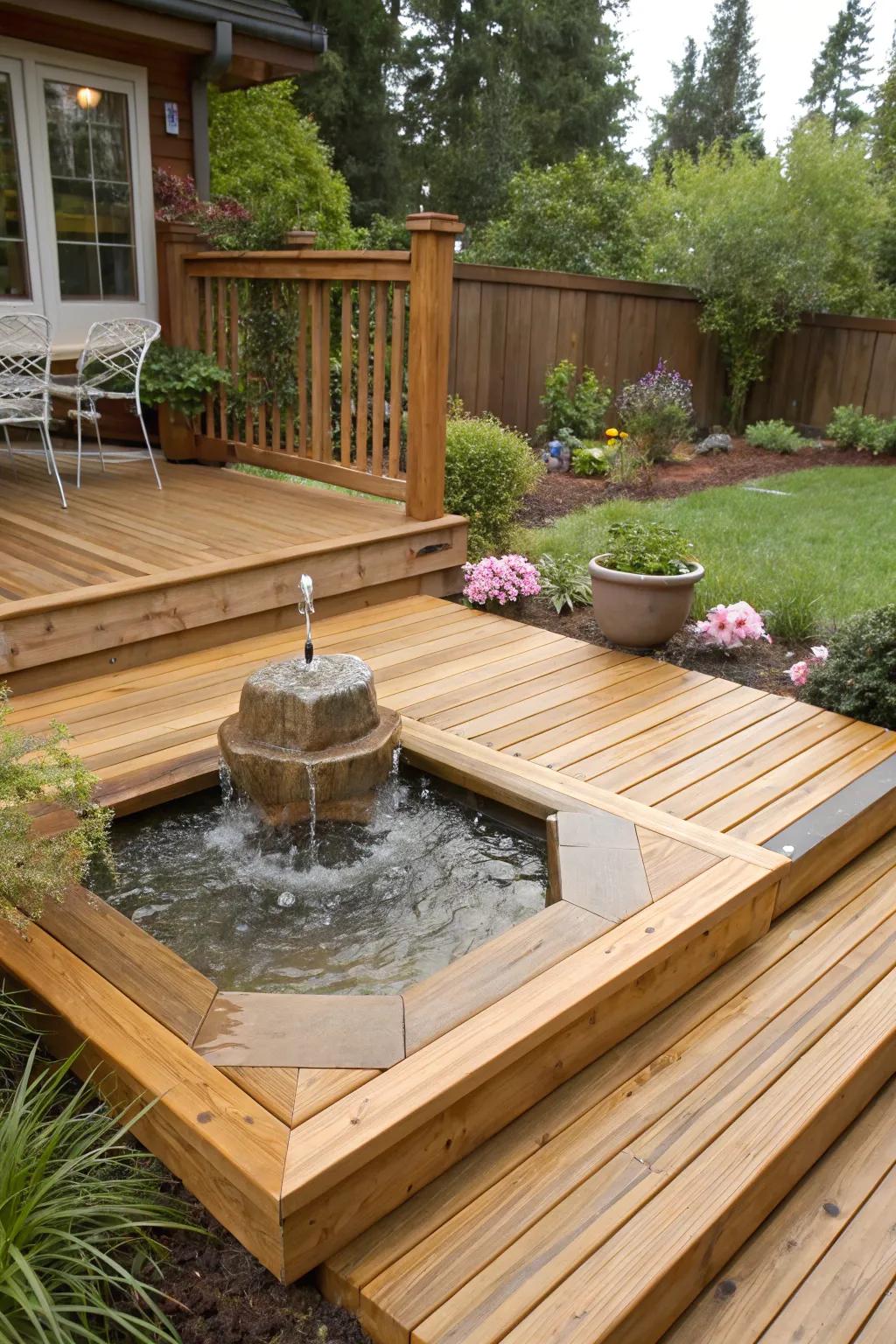 A water feature adds tranquility to this cedar deck.