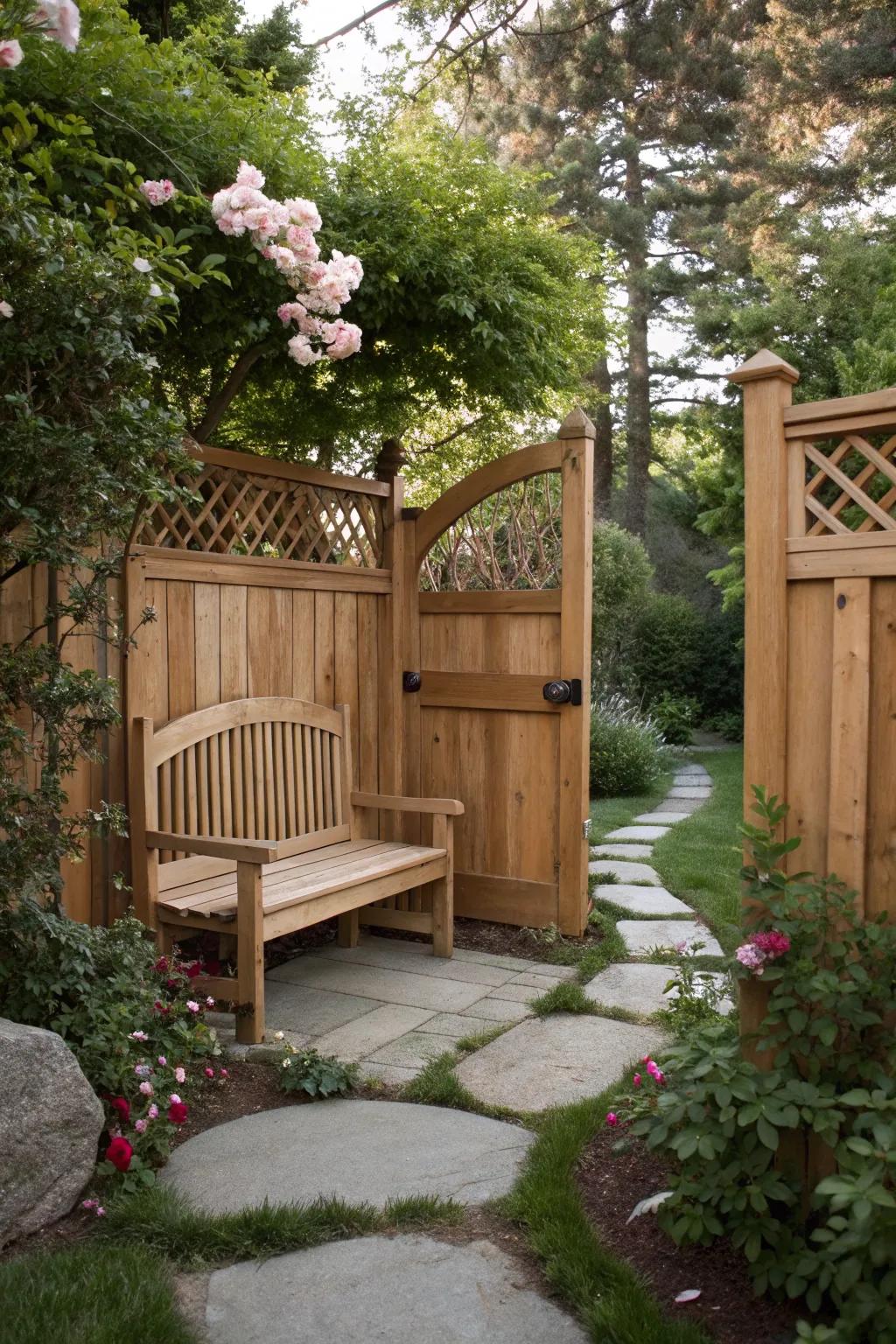 Cedar gate featuring a built-in bench for a restful garden retreat.