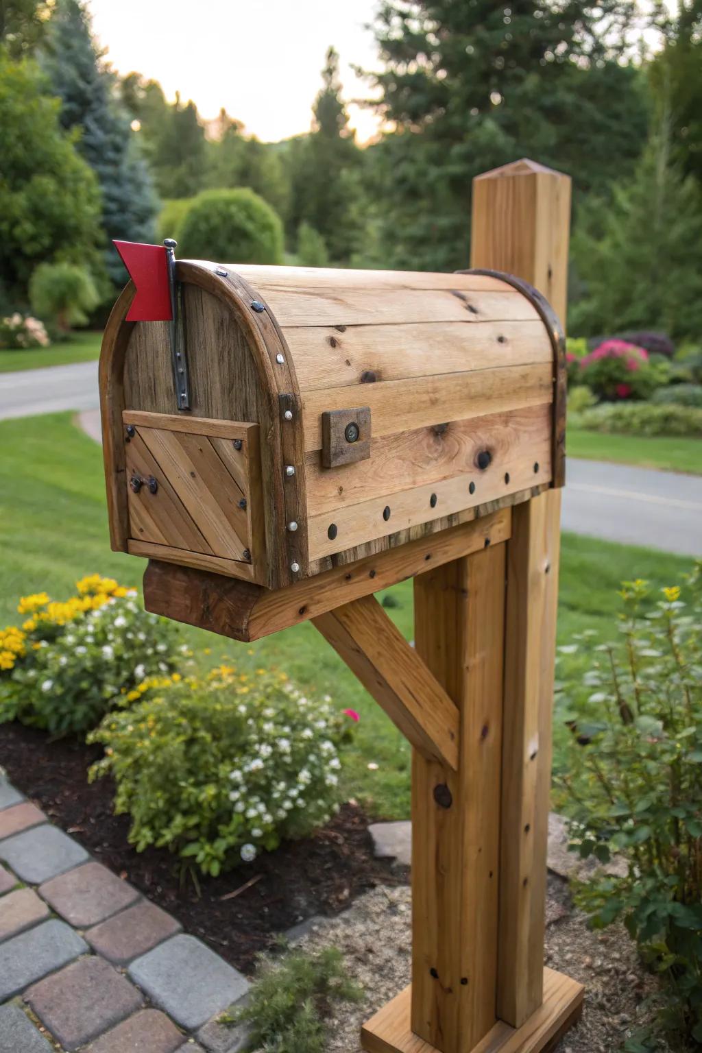 A cedar mailbox made from reclaimed wood, telling its own unique story.