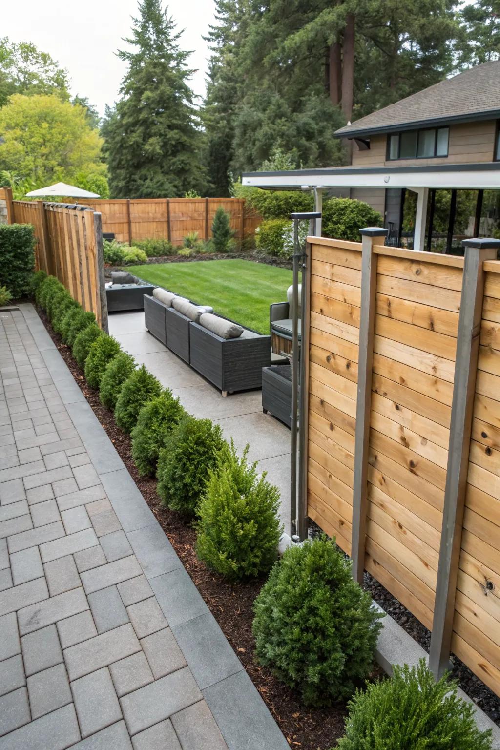 Exposed metal posts add an industrial edge to the cedar fence.