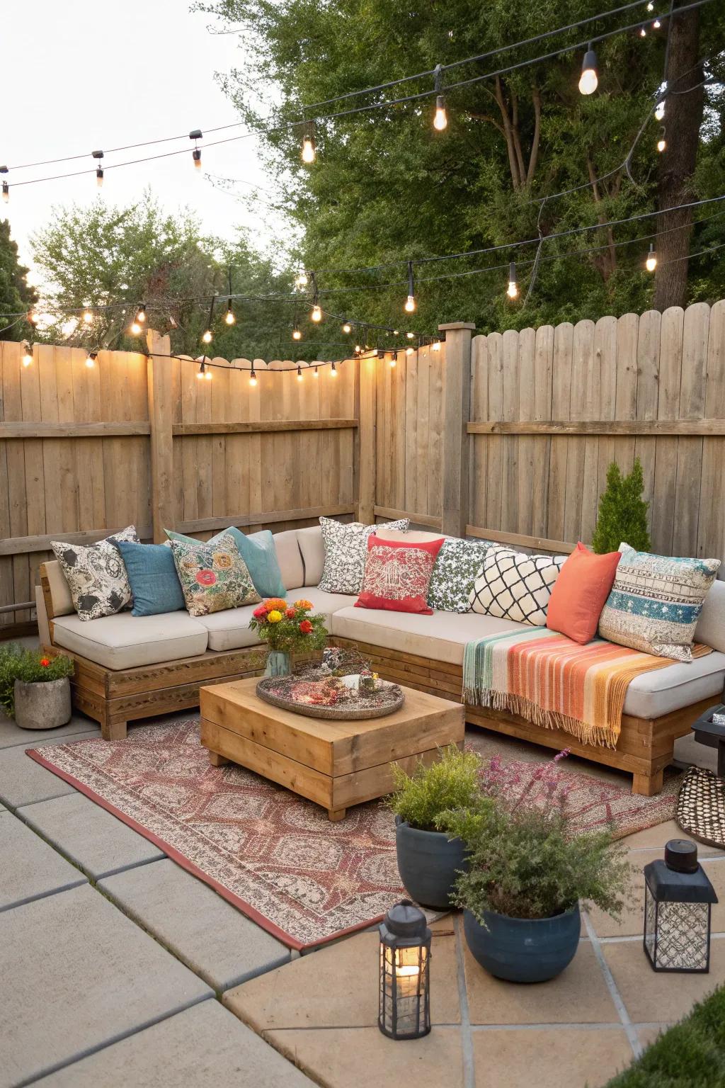 An inviting patio with a cedar slab sectional.