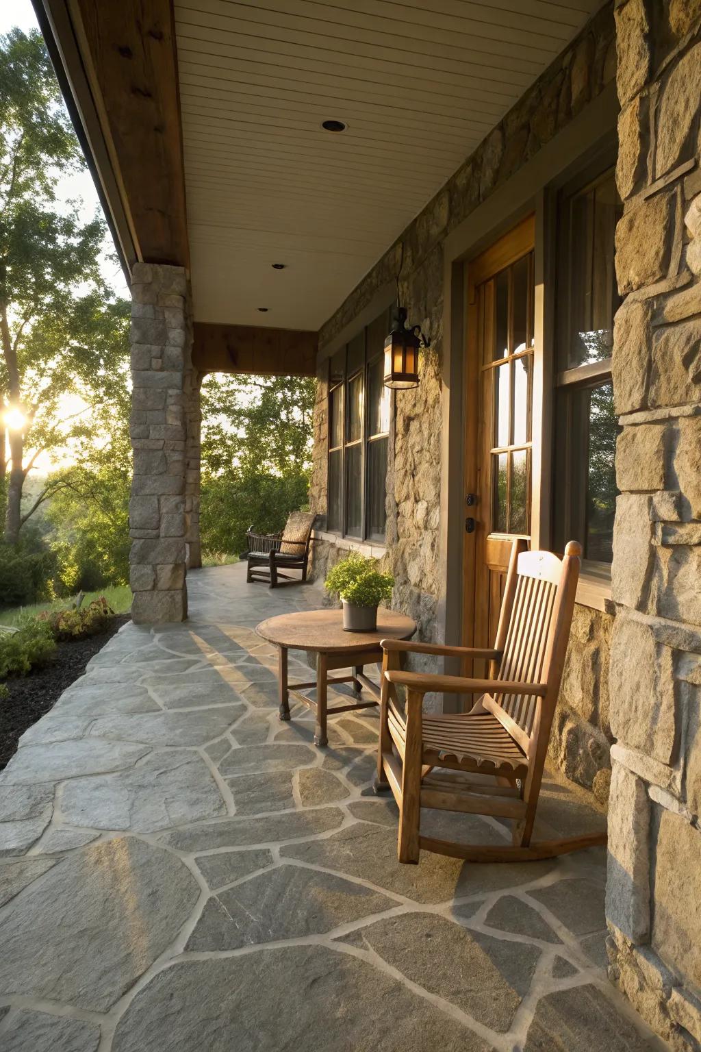 A stone-like finish provides a natural feel to the porch.