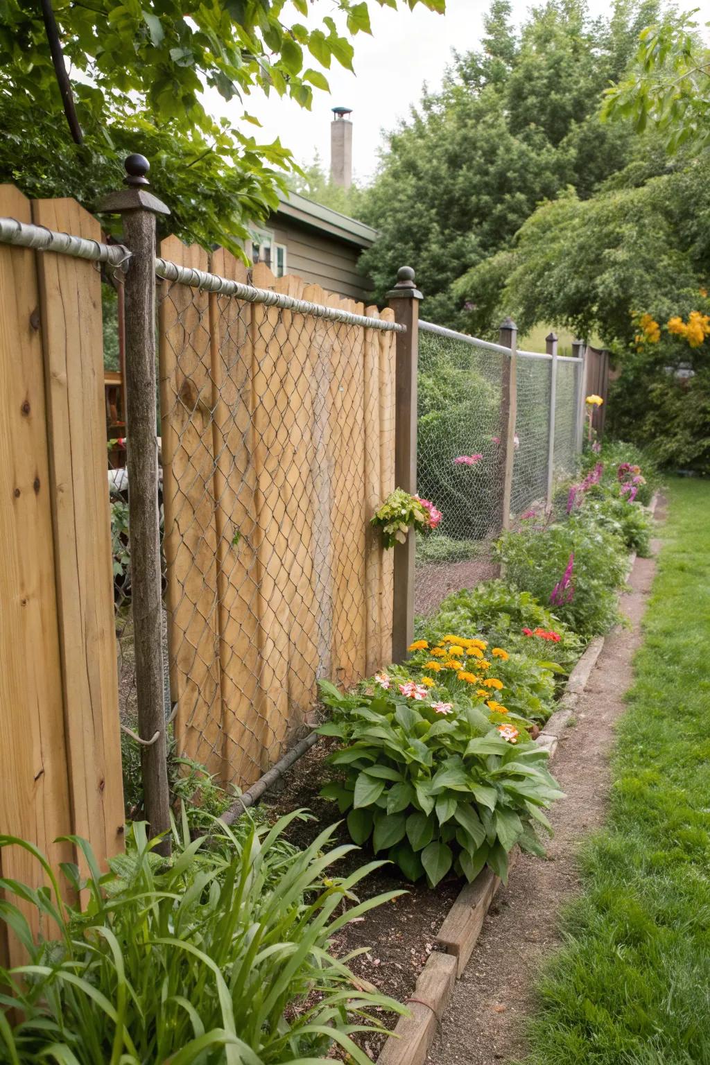 Rustic wood panels add warmth and charm to chain link fences.