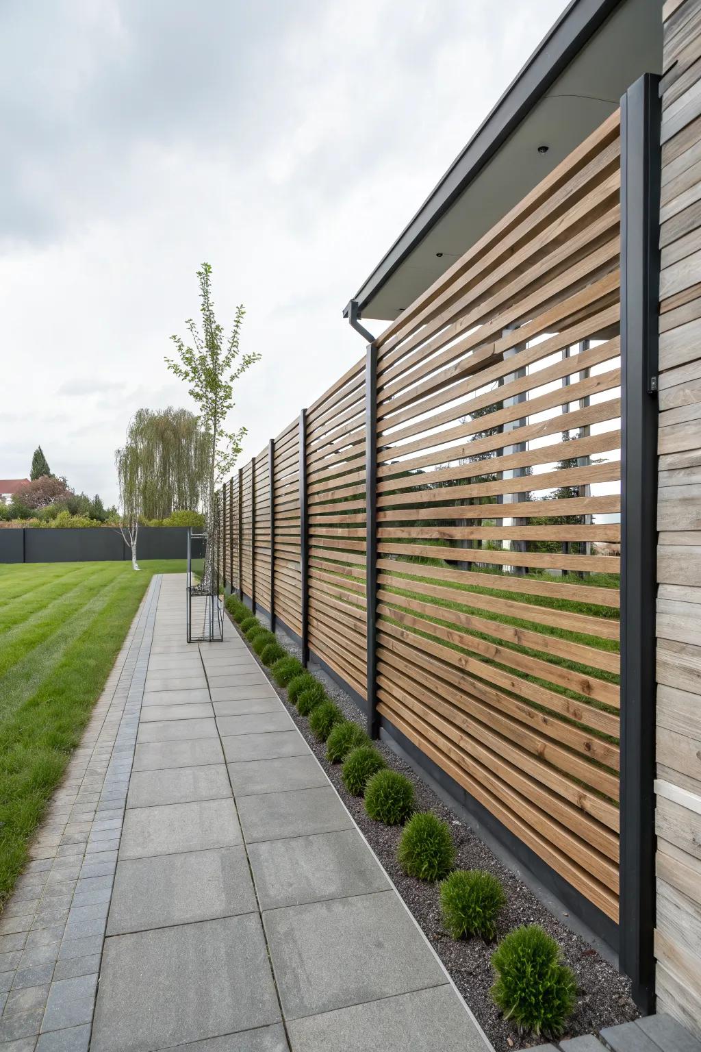 Wooden slats offer a sleek, modern fence design.