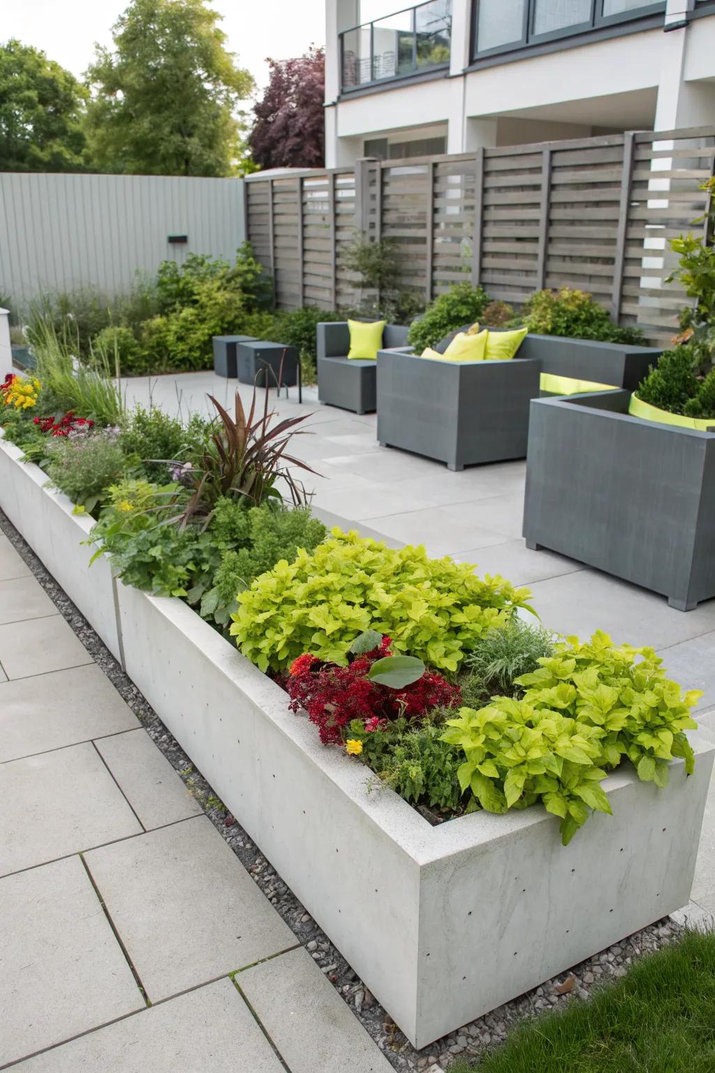 Concrete planters provide a stylish and lasting option for garden beds.