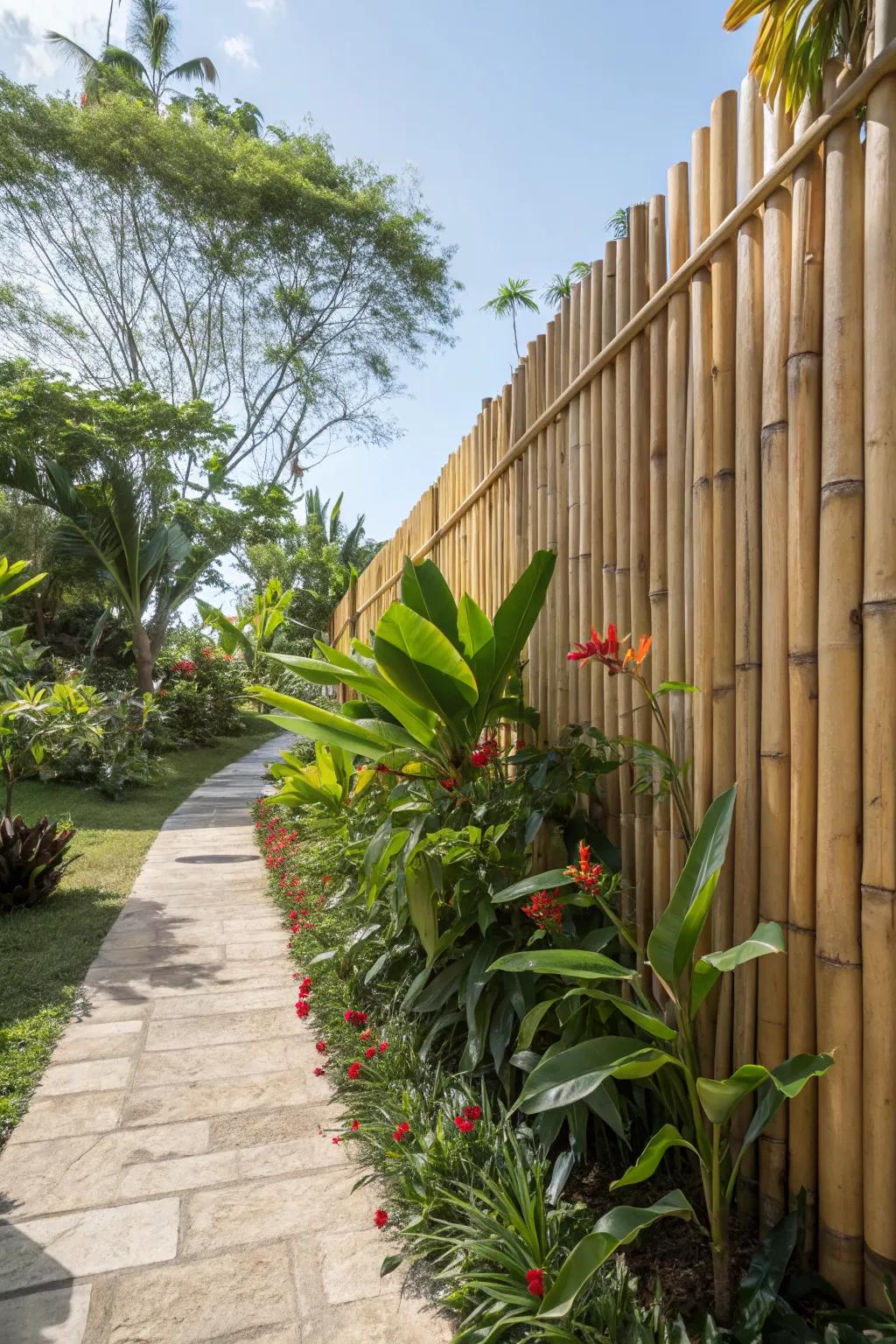 A tropical garden wall crafted from bamboo poles.