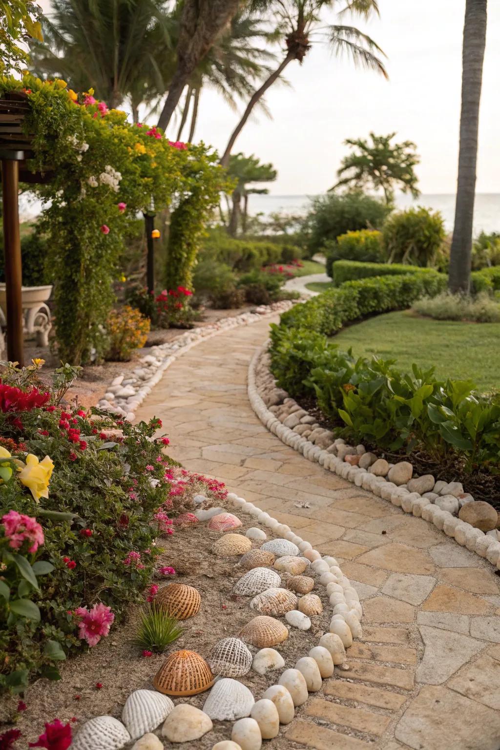 Seashells offer a serene, coastal touch to garden borders.