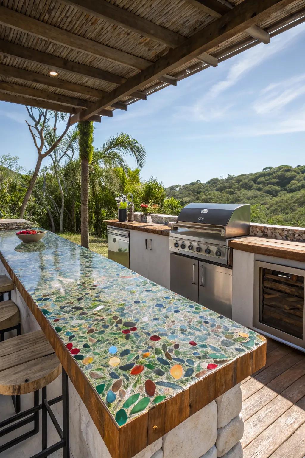 Recycled glass countertops offer an eco-friendly and sparkling touch to outdoor spaces.