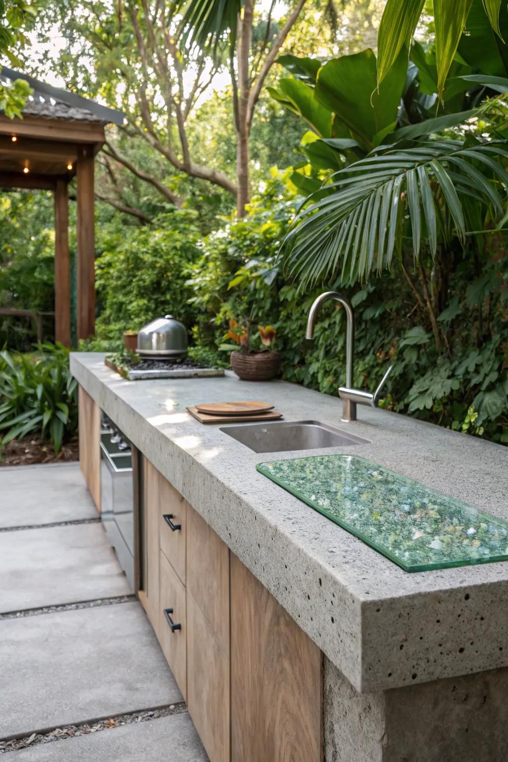 Crushed glass countertops shine with artistic and eco-friendly charm.
