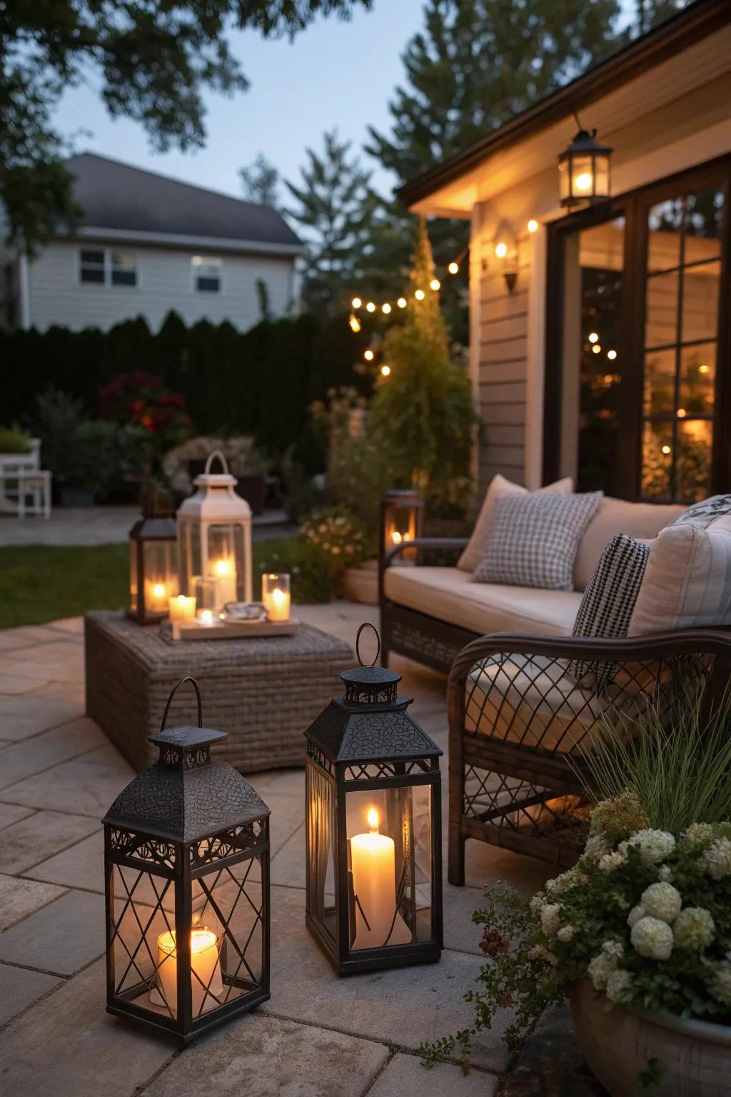 Candlelight brings warmth and romance to the patio.