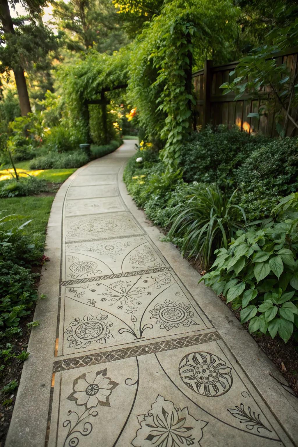 Stenciled concrete paths add an artistic and customized touch to gardens.