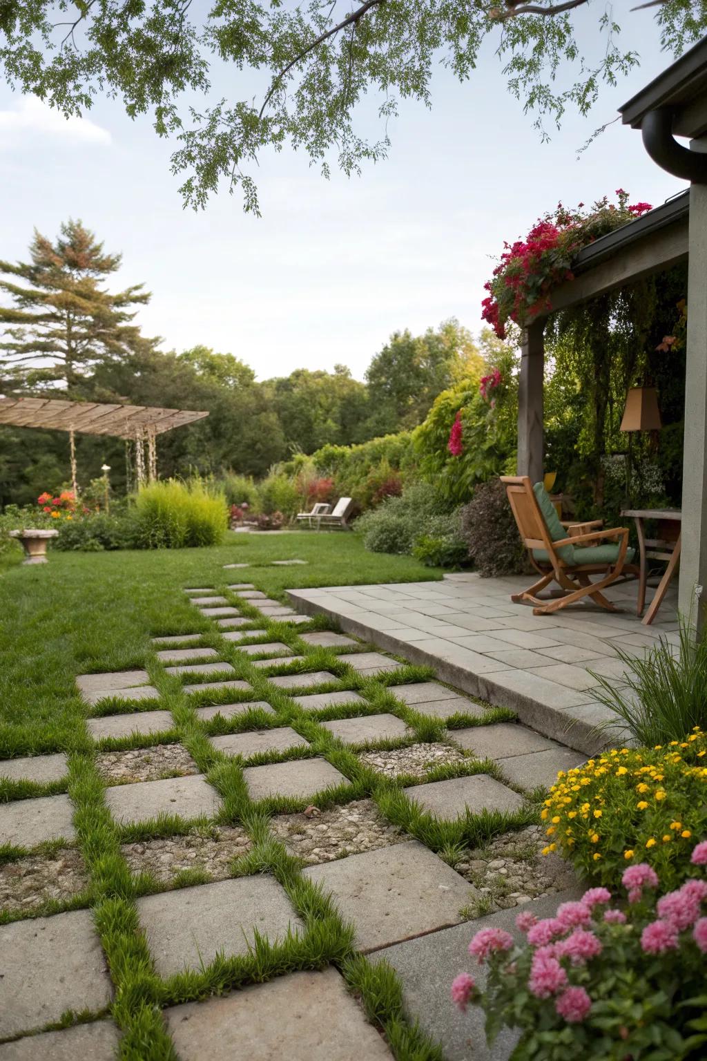 Blending grass with pavers creates a harmonious garden patio.