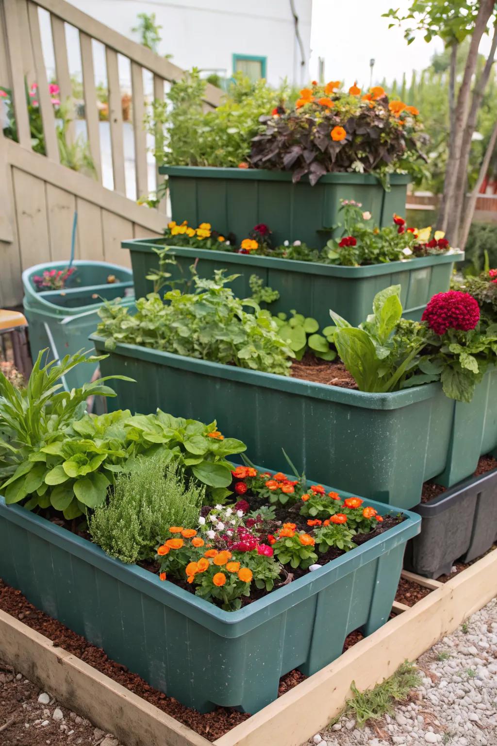 Recycled plastic offers a sustainable and weather-resistant raised bed option.