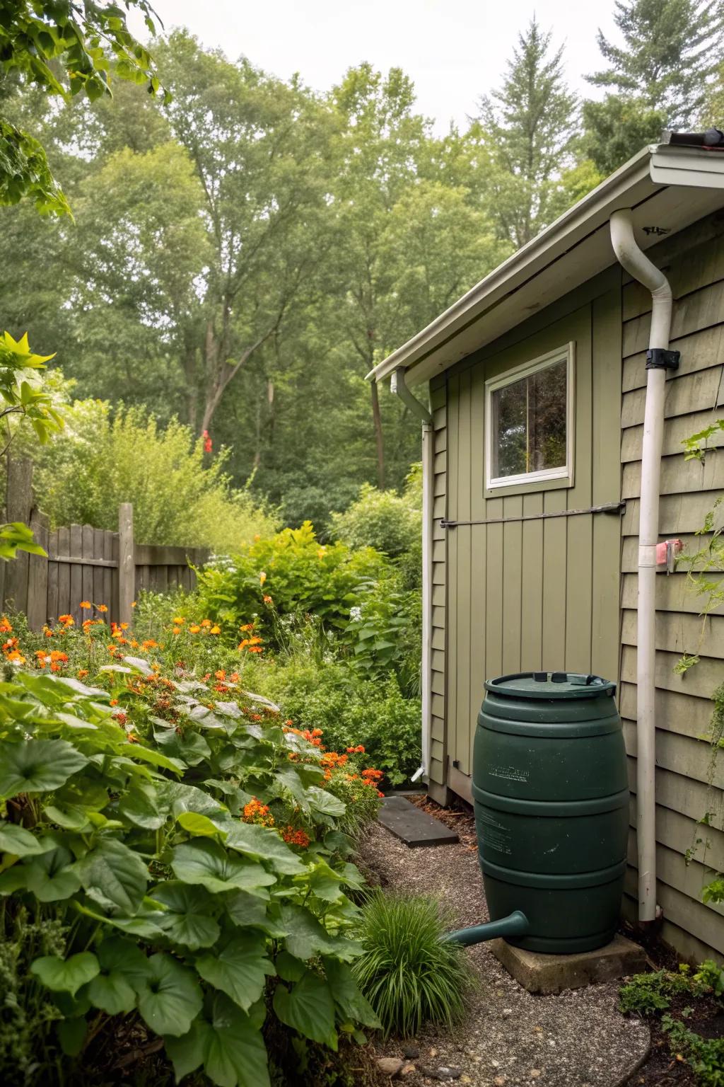 A rain barrel provides a sustainable water source for the garden.