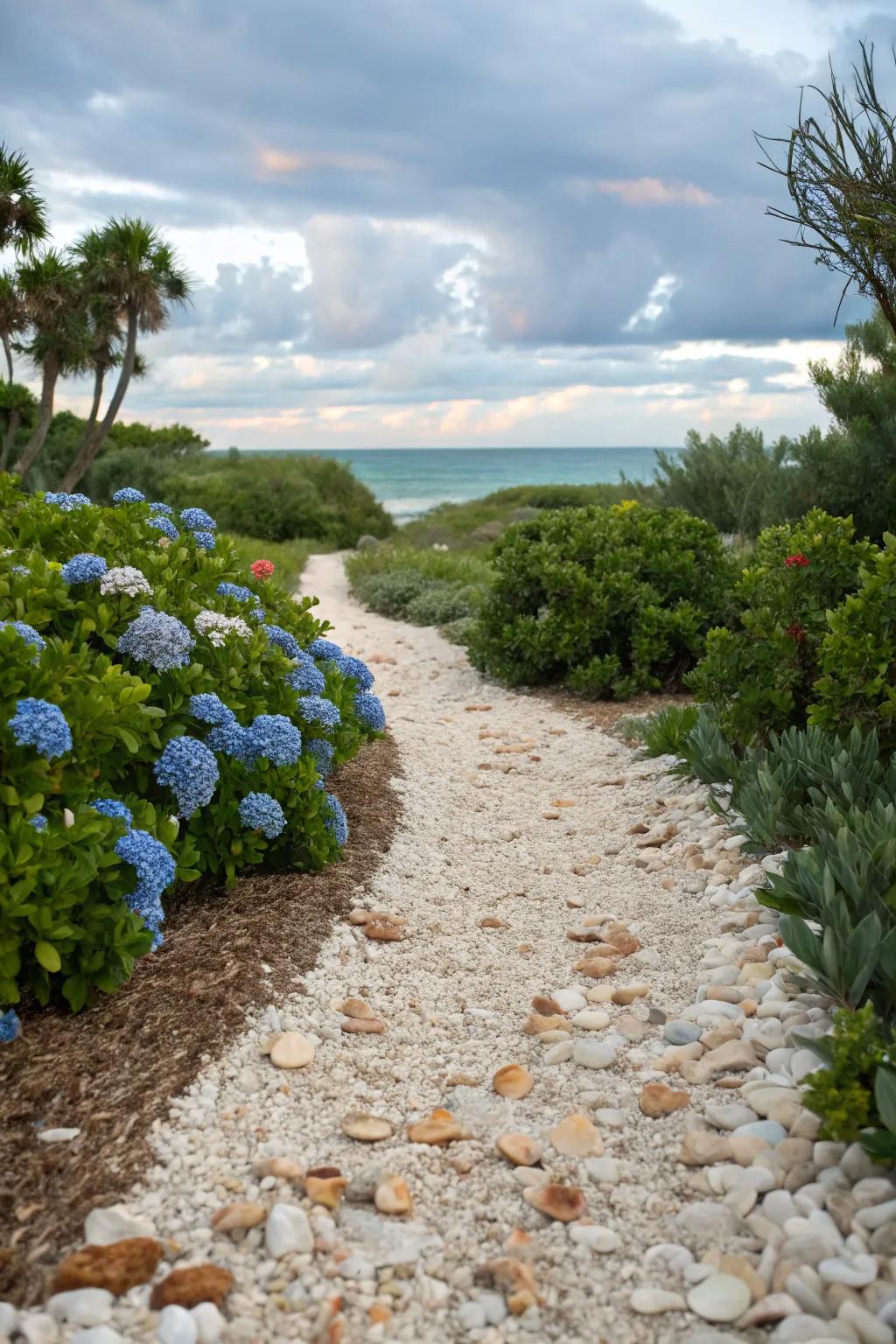 Seashell paths bring a coastal vibe to your garden.