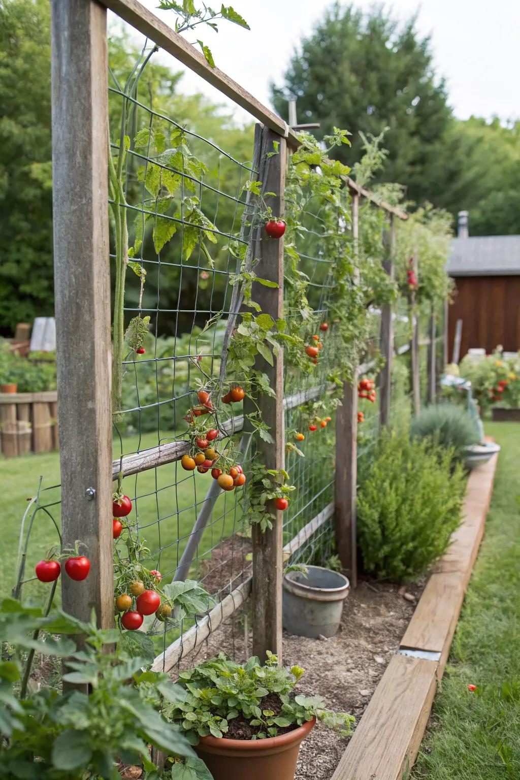 Cherry tomatoes thriving on a repurposed garden fence trellis.