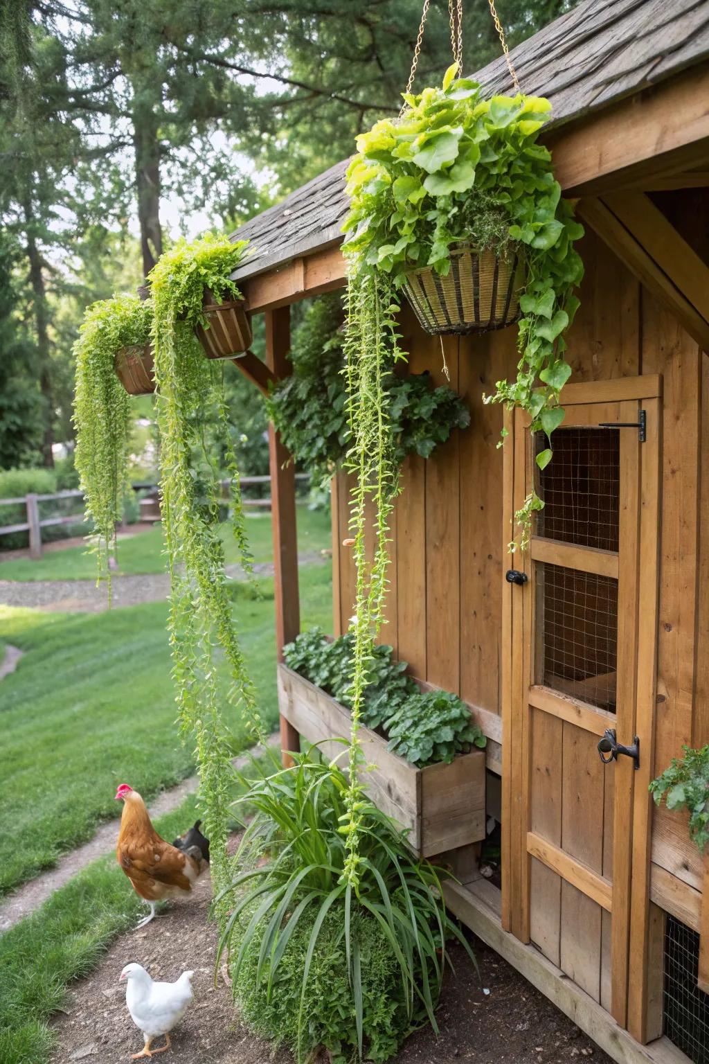 Hanging plants bring color and vibrancy to the coop surroundings.
