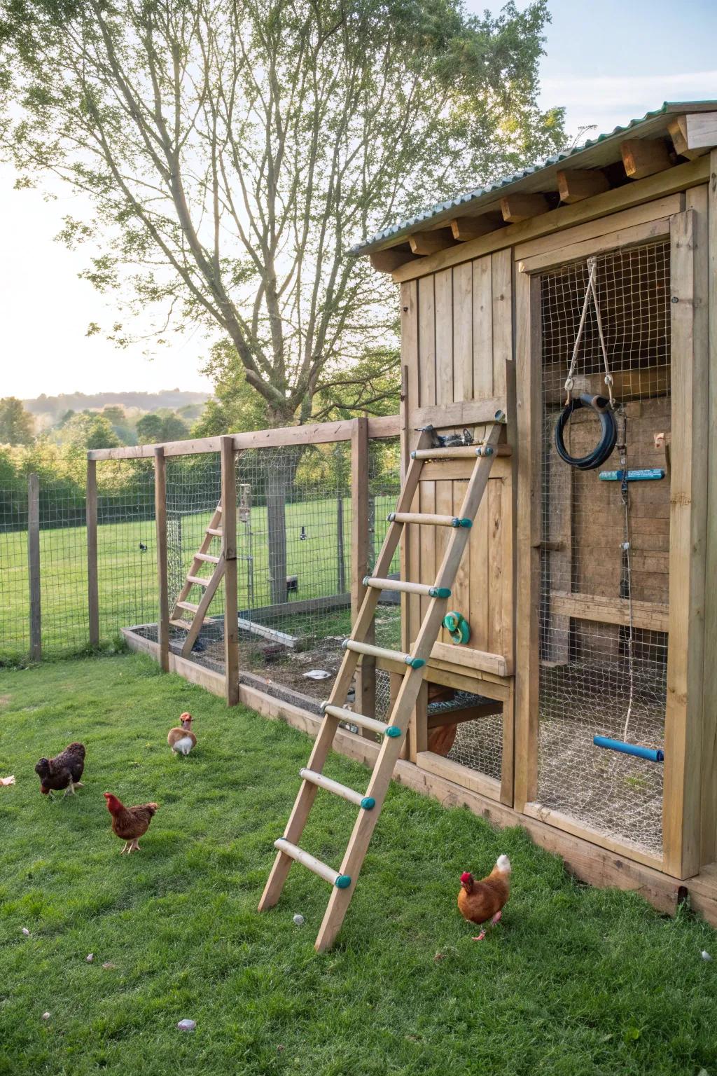 Chickens having a blast in their mini gym.