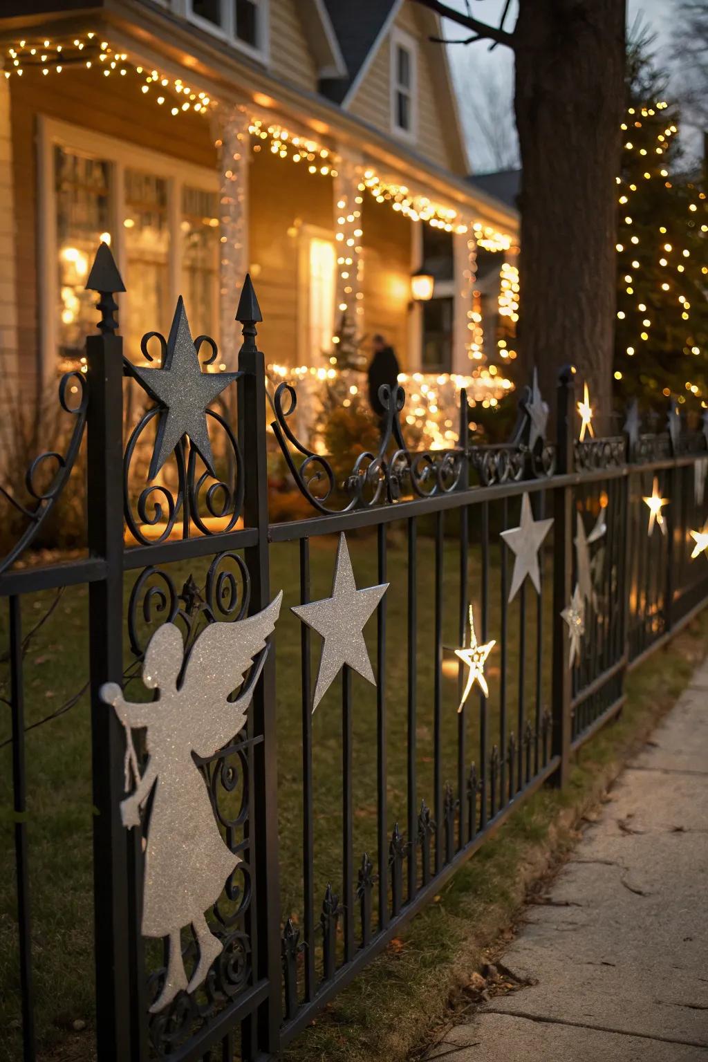 Metal cutouts of stars and angels add elegance to the fence.
