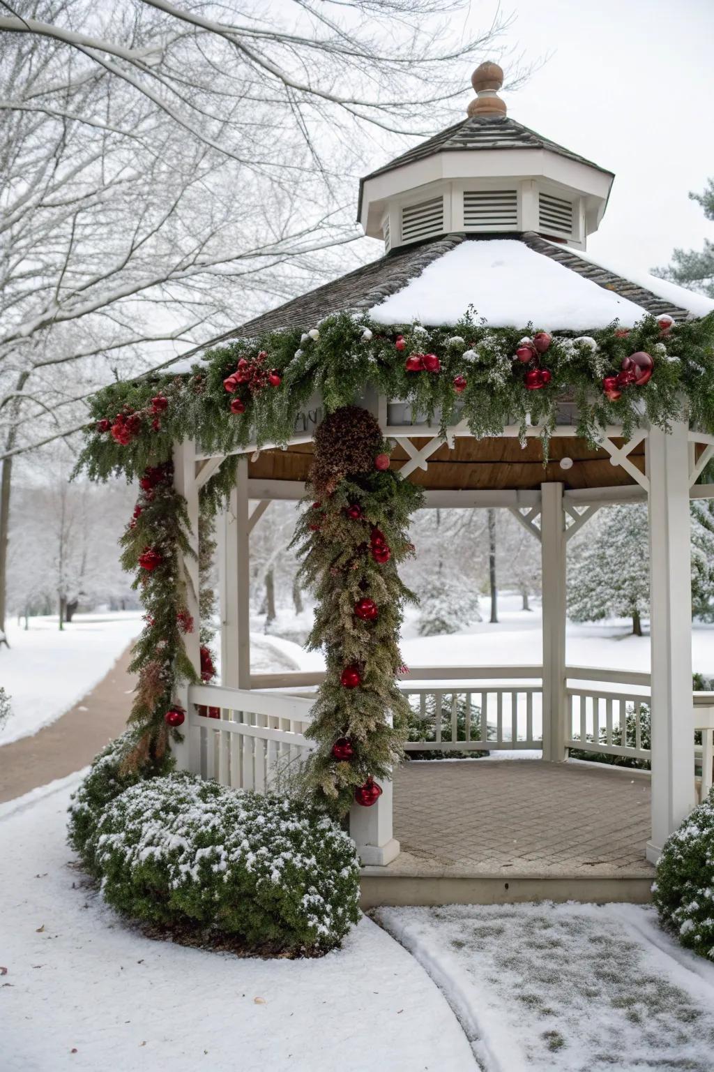 Pinecone and berry garlands add a rustic, natural charm.