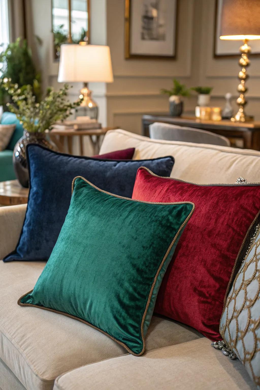Velvet pillows adding a touch of elegance