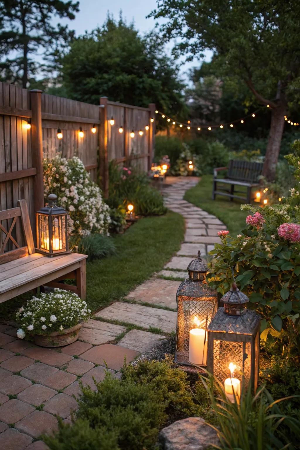 Rustic lanterns casting a warm glow in the garden.