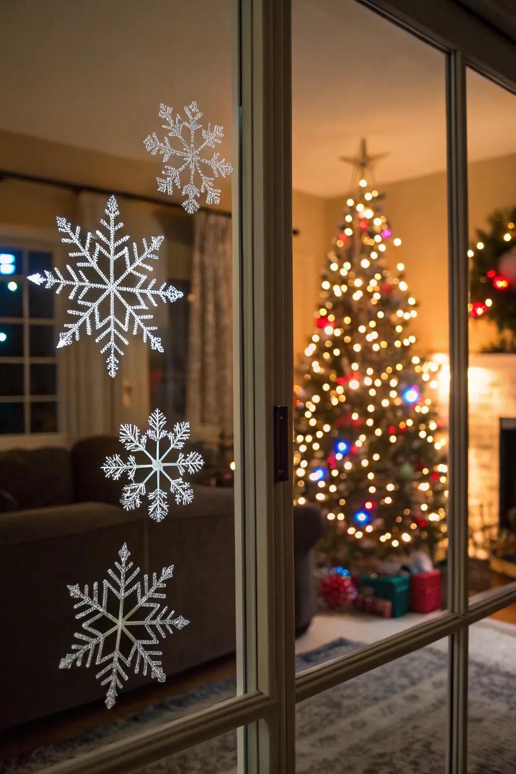 Snowflake decals add a whimsical winter touch to your porch decor.