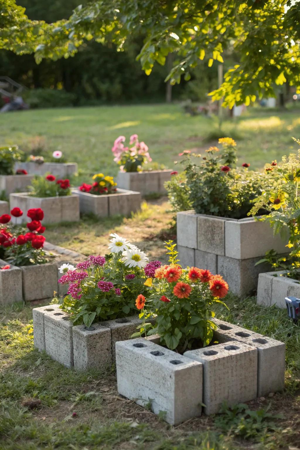 Scattered cinder block planters bring bursts of color and charm to any garden.