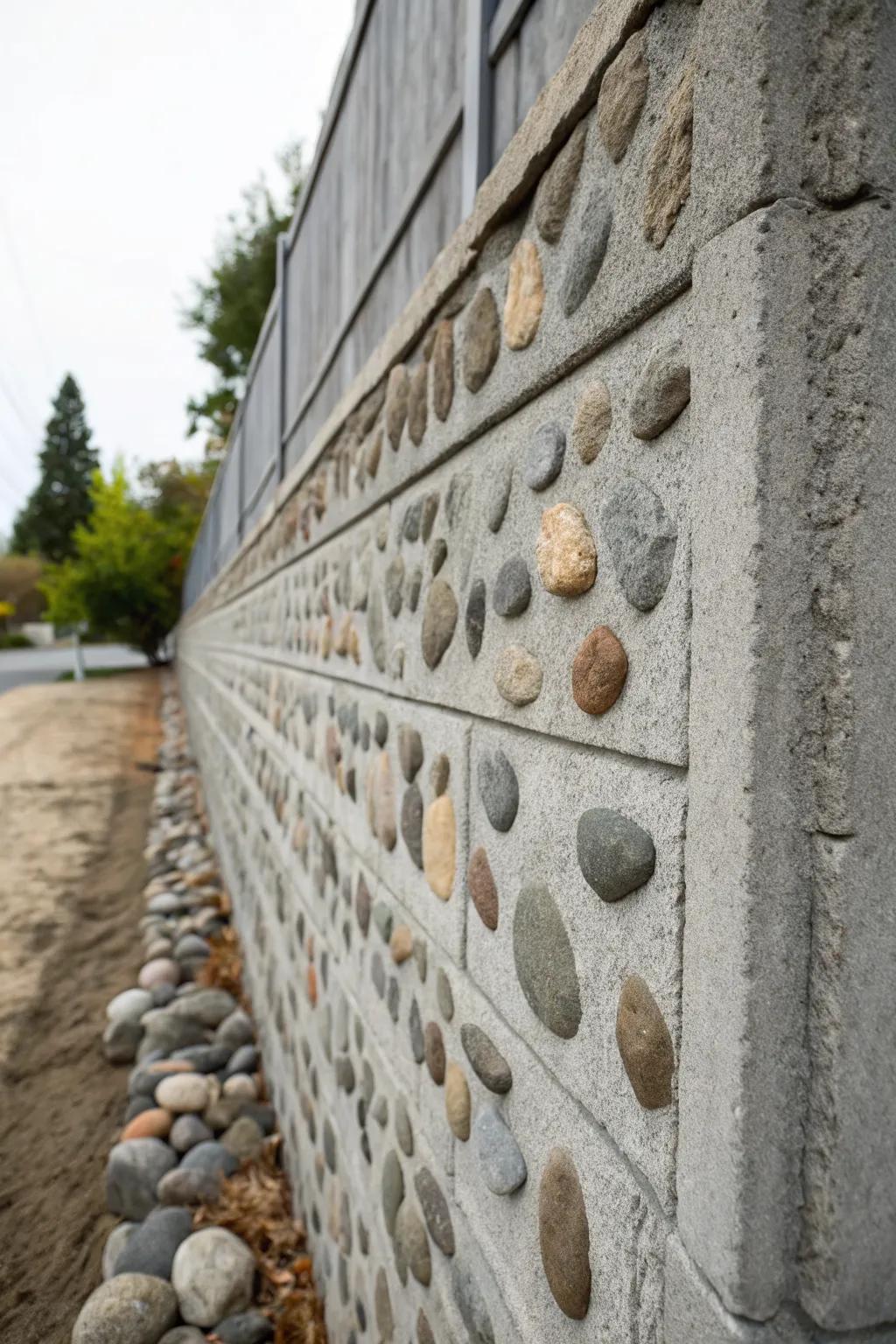 A modern concrete finish with embedded stones adds unique texture to your walls.