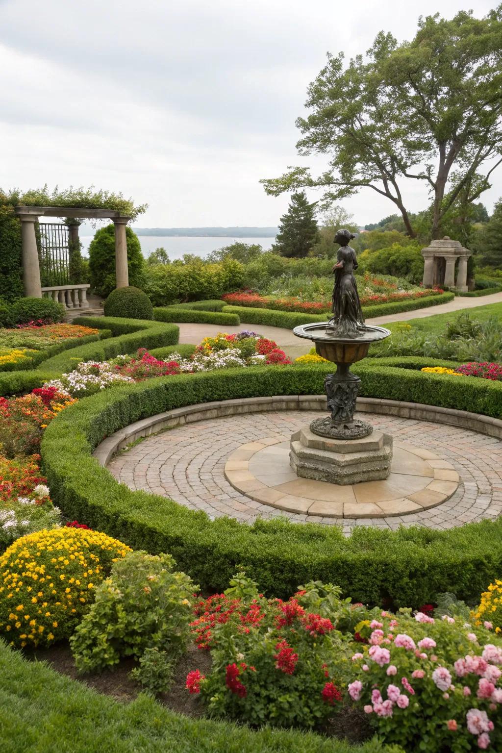 Art pieces add a personal touch to a circular garden.
