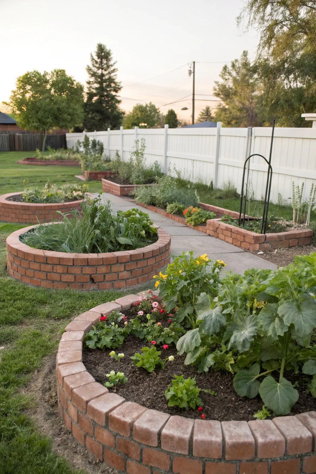 Efficiently grow produce in circular brick vegetable beds.