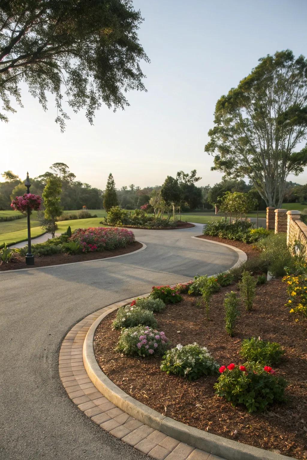 Mulch borders offer a smooth transition between driveway and garden.