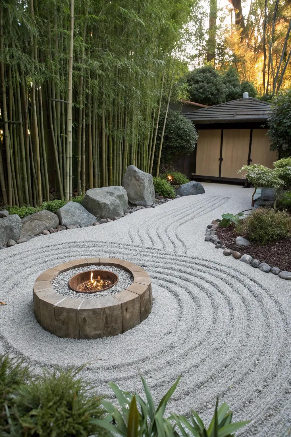 A Zen garden with a fire pit offers a tranquil and meditative retreat.