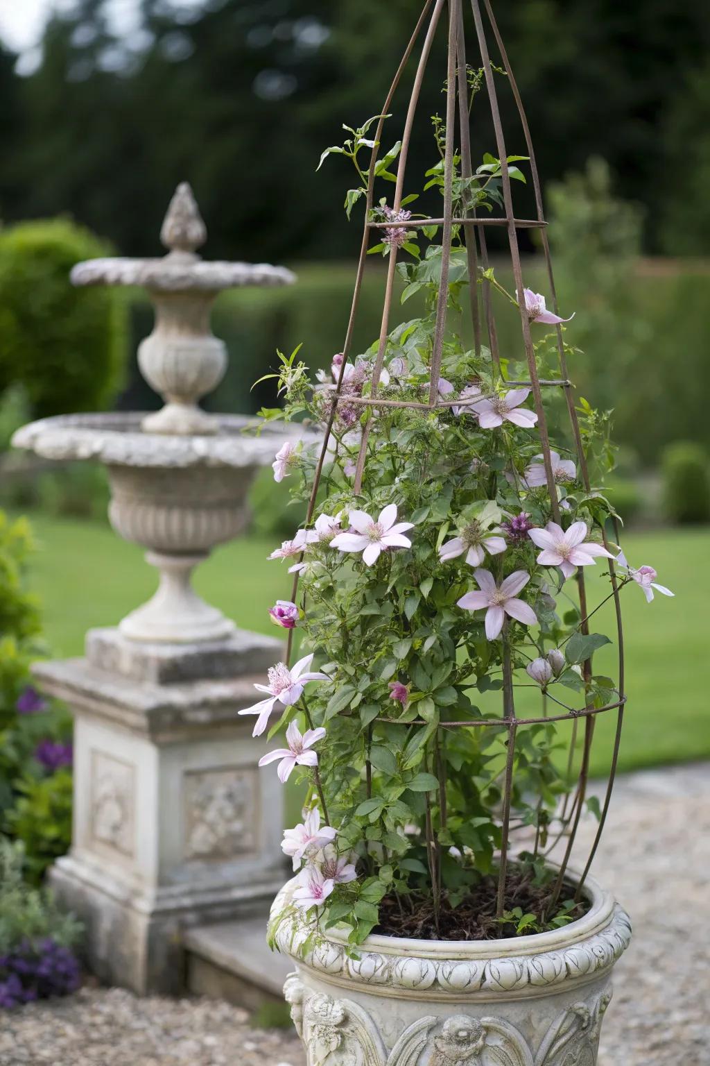 Clematis artistically climbing a topiary frame.