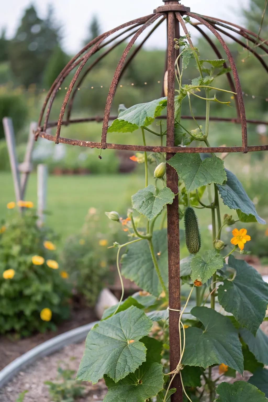 A creative trellis made from a repurposed umbrella frame.