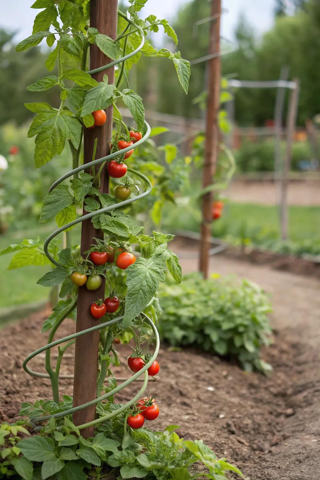 Tomatoes elegantly spiraling around plant supports