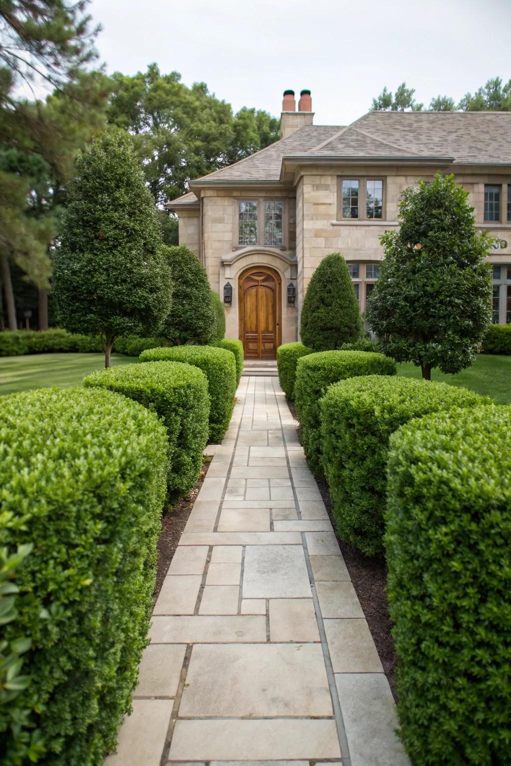 Grand entrances with clusia hedges.