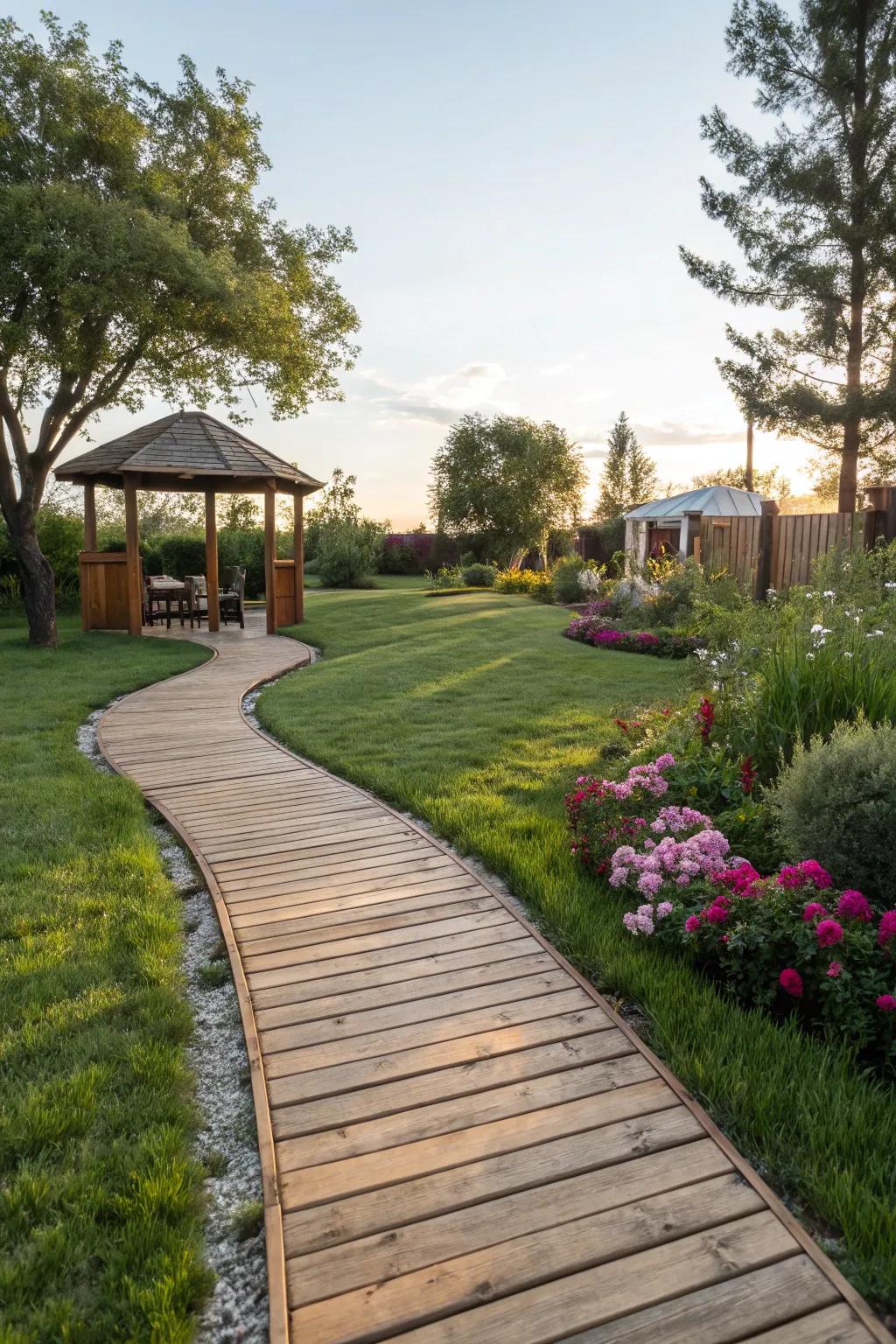 Boardwalk pathways add a coastal boardwalk charm to your backyard.