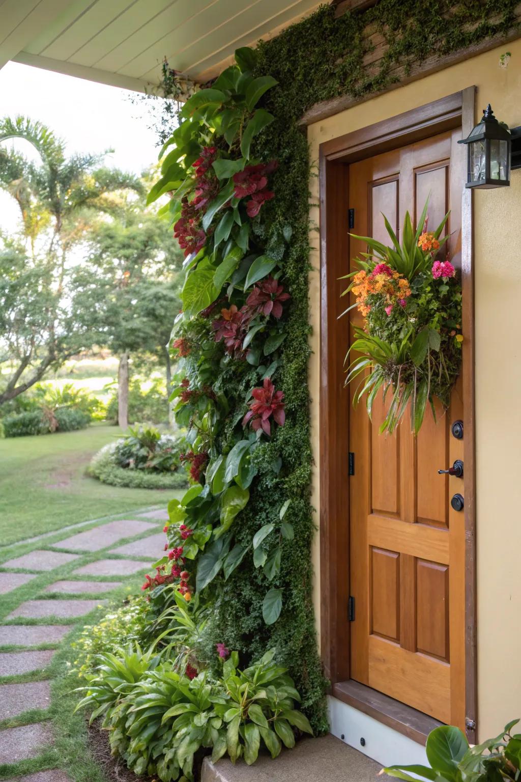 A vertical garden adds lush greenery to a coastal entrance.