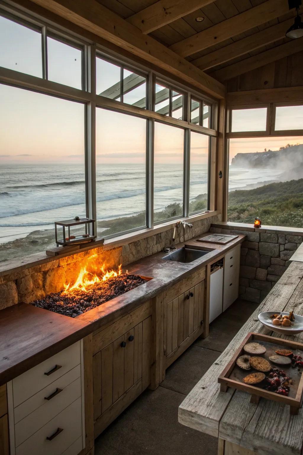 Inviting kitchen with a cozy fire feature.