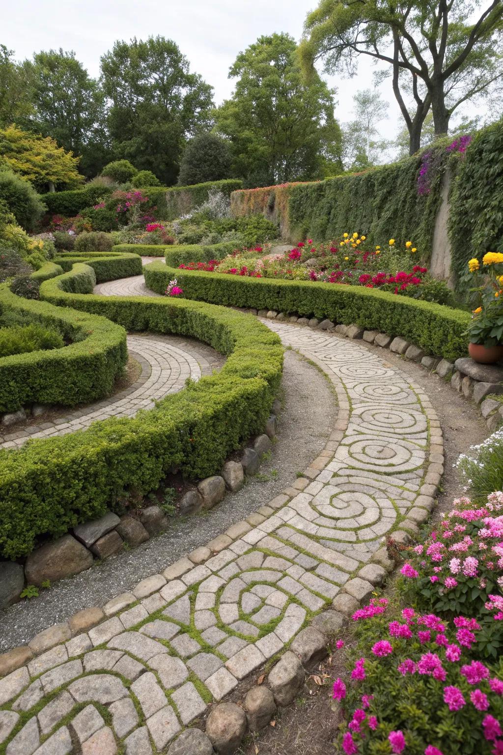 A whimsical cobblestone maze in the garden.