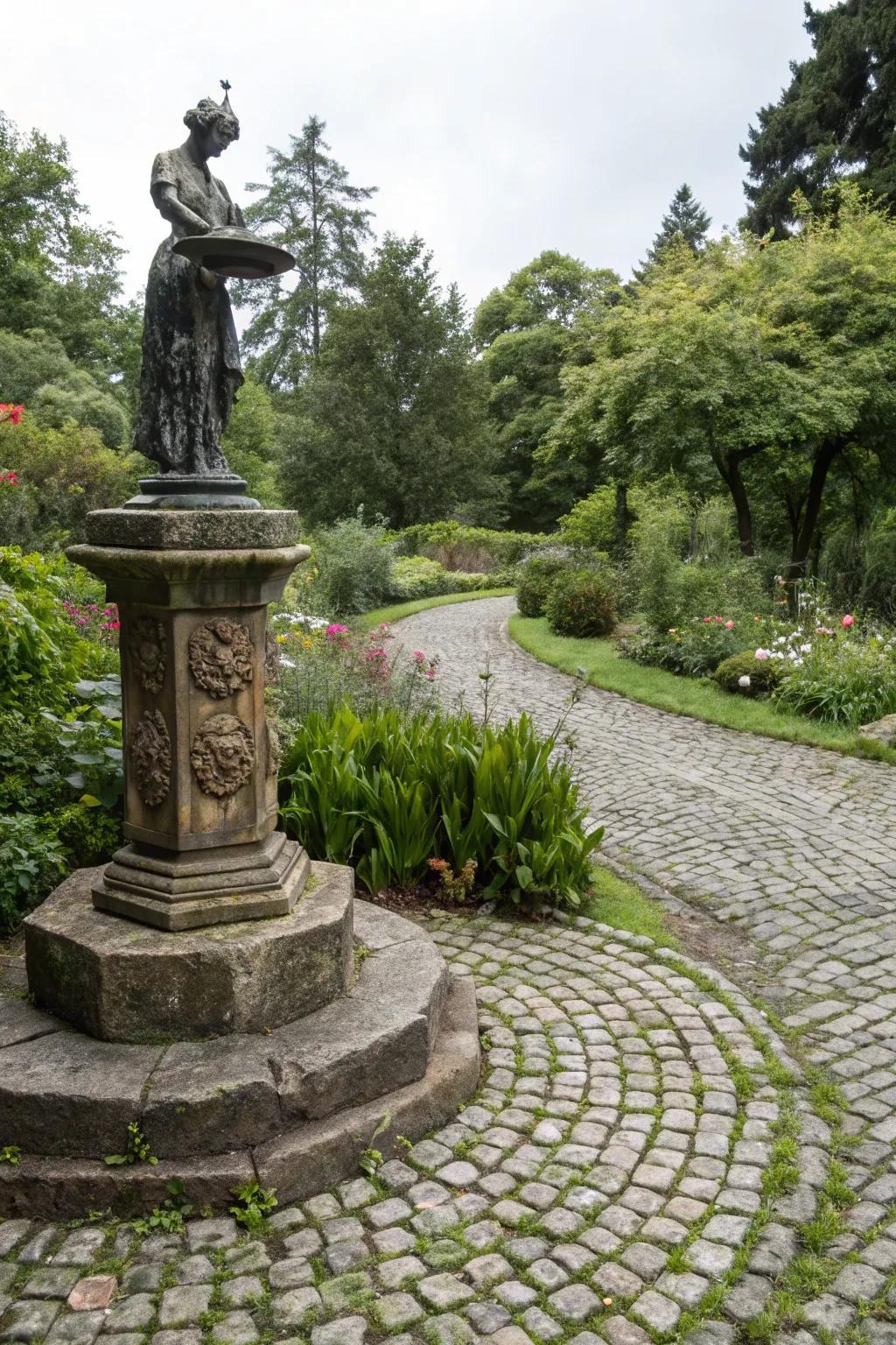 A striking sculpture enhancing the garden with a cobblestone base.