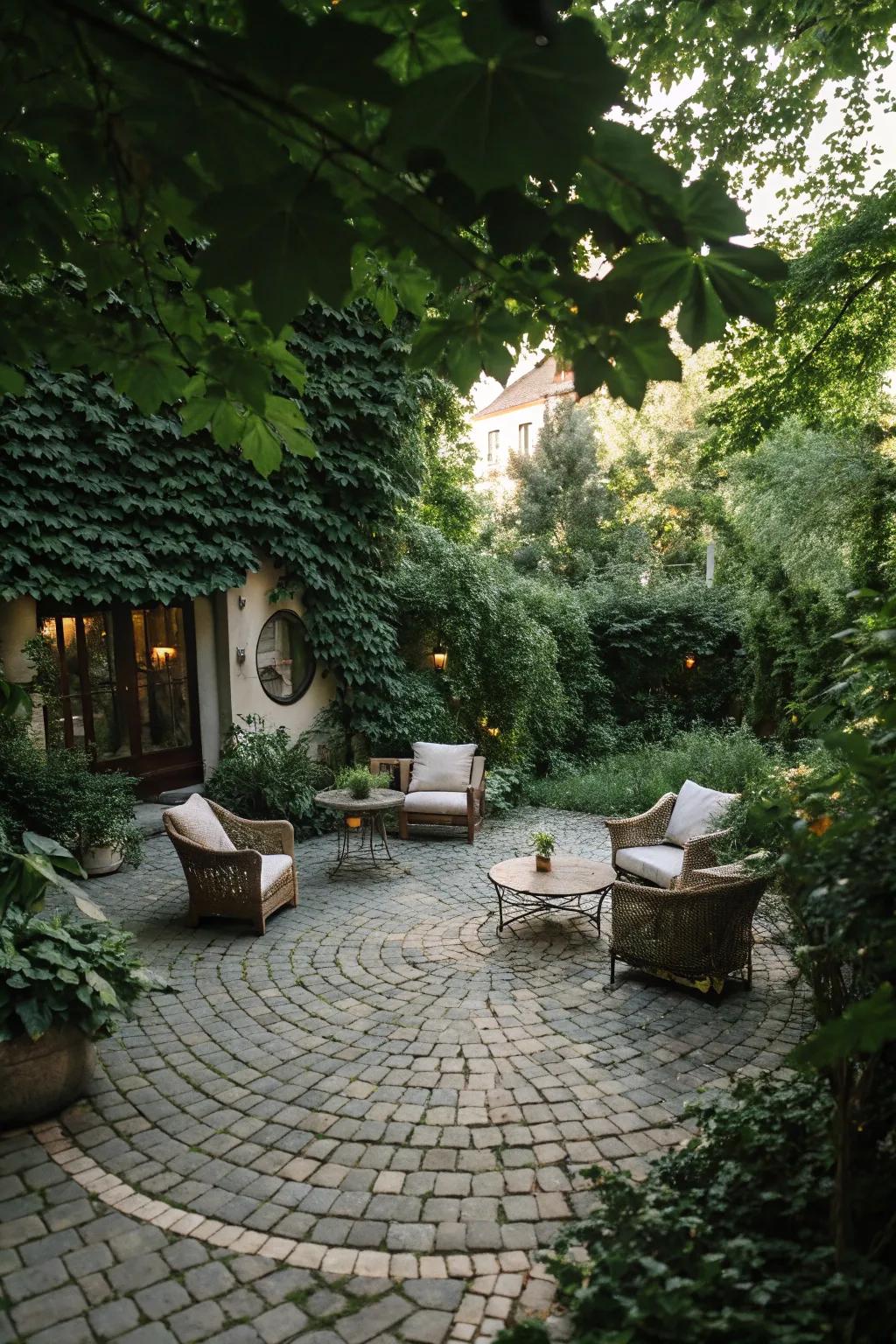 Discover the charm of a sunken cobblestone patio.