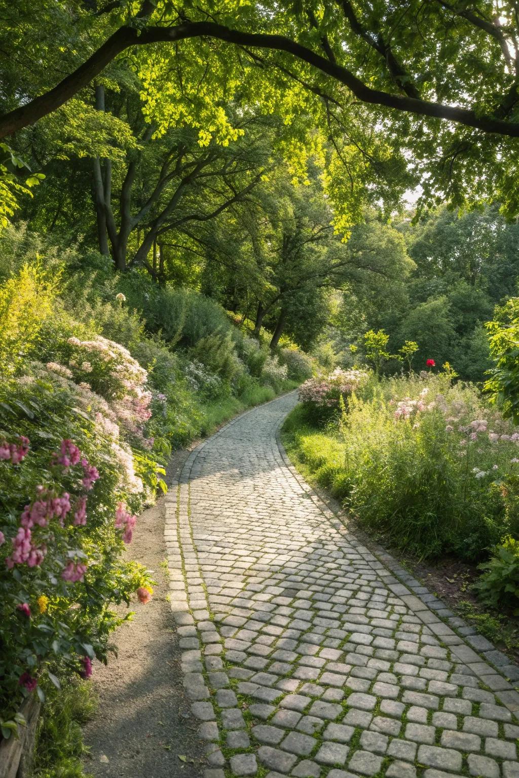 A cobblestone path embraced by natural plantings.