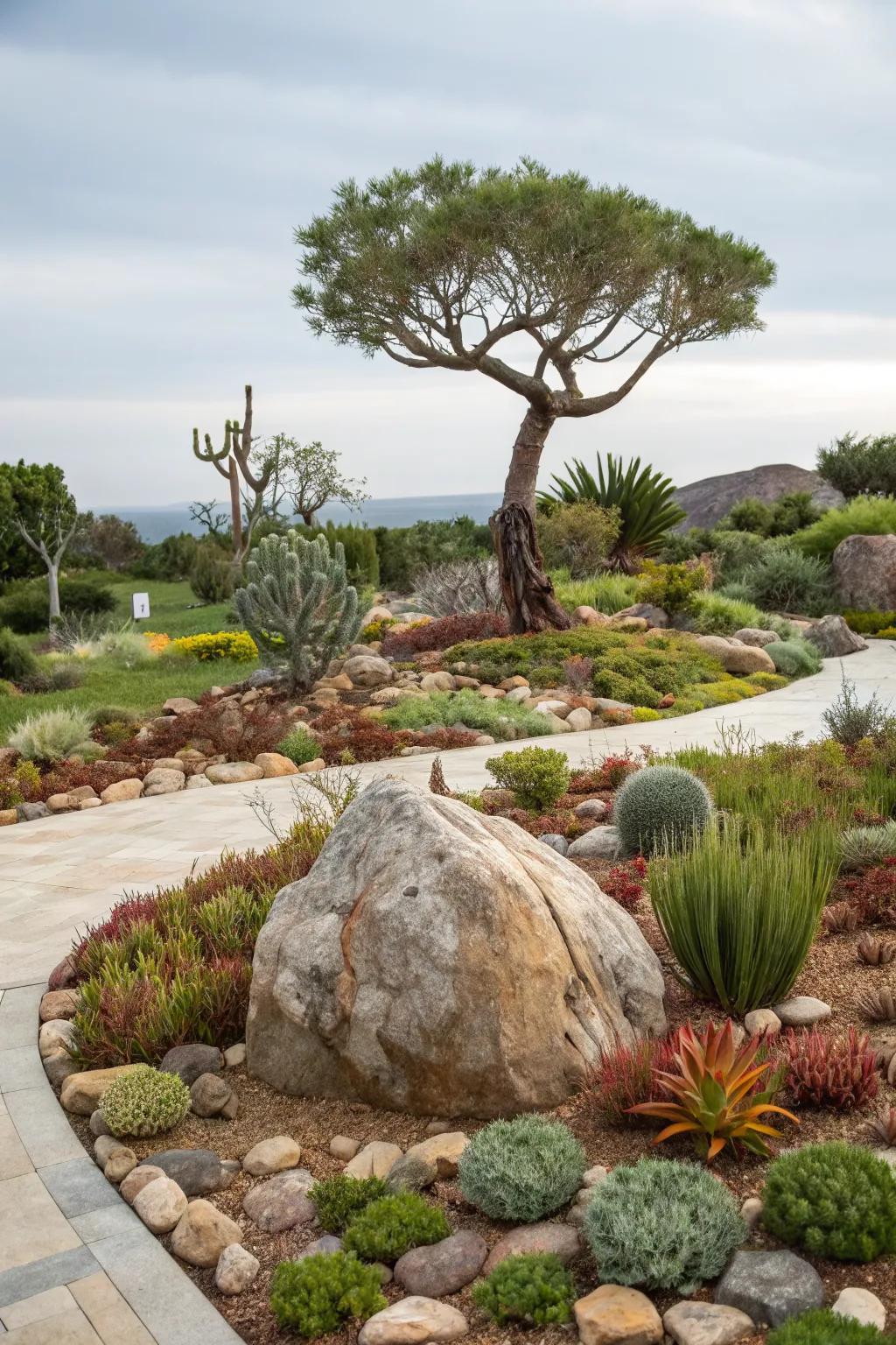A focal point adds visual interest and balance to a xeriscape.