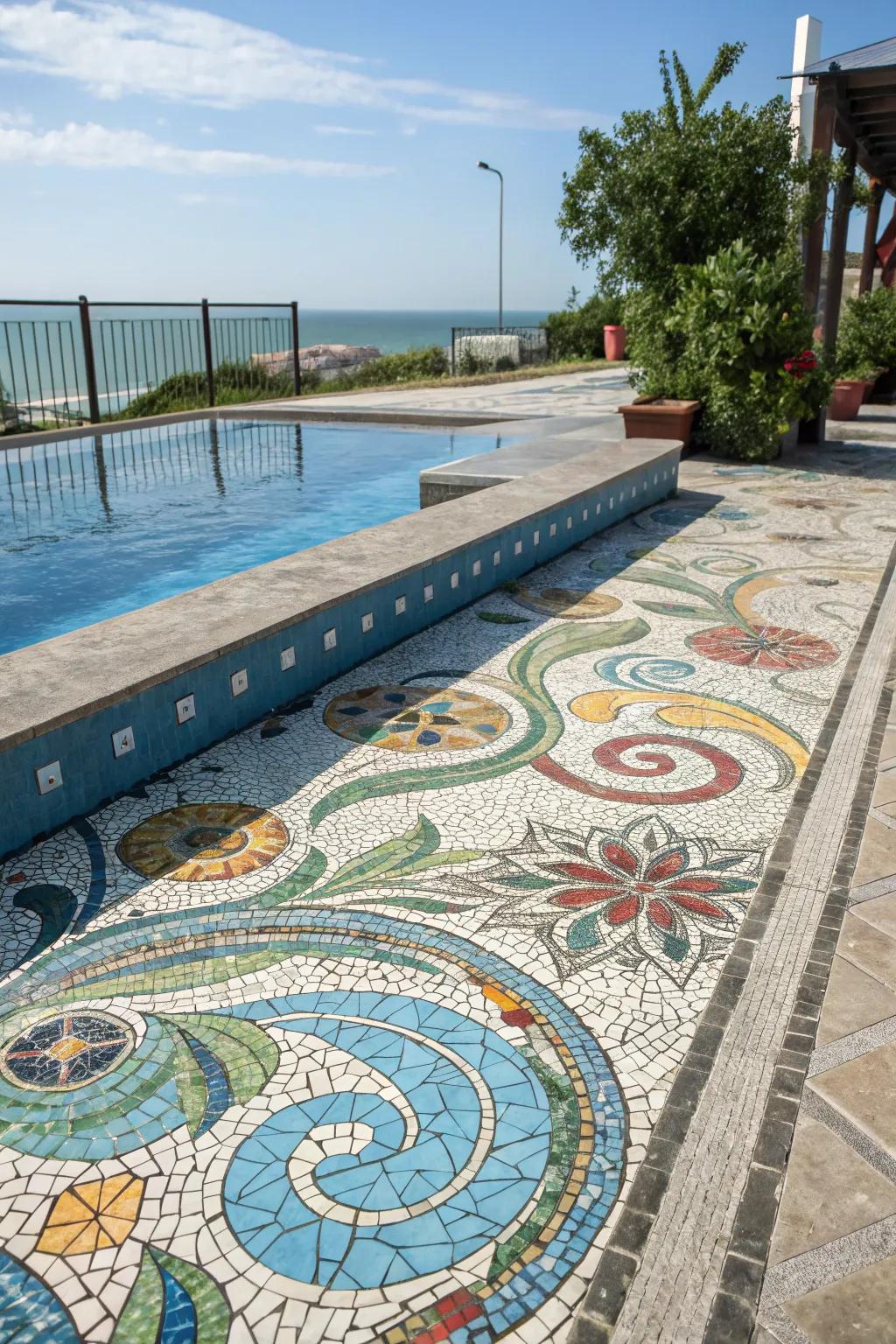 Mosaic designs bring vibrant artistry to concrete decks.
